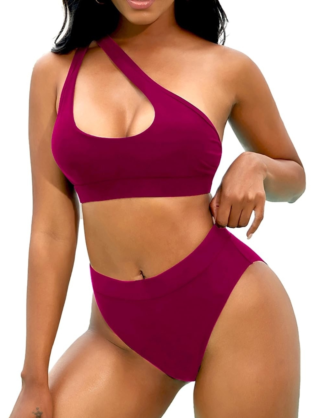 Asymmetric Cutout High-Waist Bikini Set - Plum